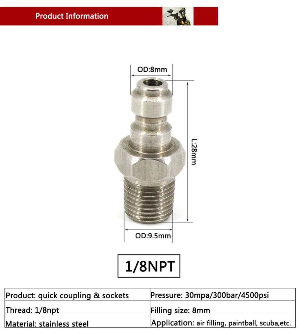 PCP Airforce Пейнтбол Пневматический Быстрый Соединитель 8 мм 1/8NPT M10x1 1/8BSPP штекер Адаптер фитинги из нержавеющей стали 3 шт./лот