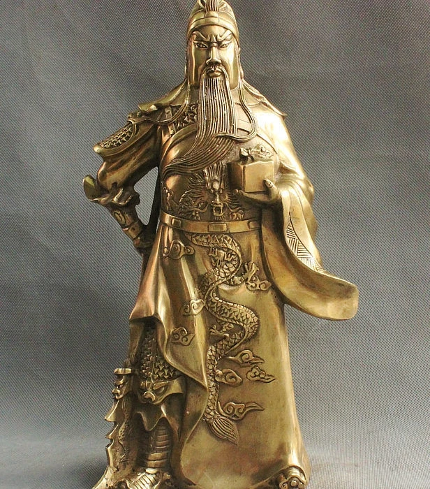 

10" Ancient China Bronze Hold Knife Seal Dragon Warrior Guan Gong Guan Yu Statue