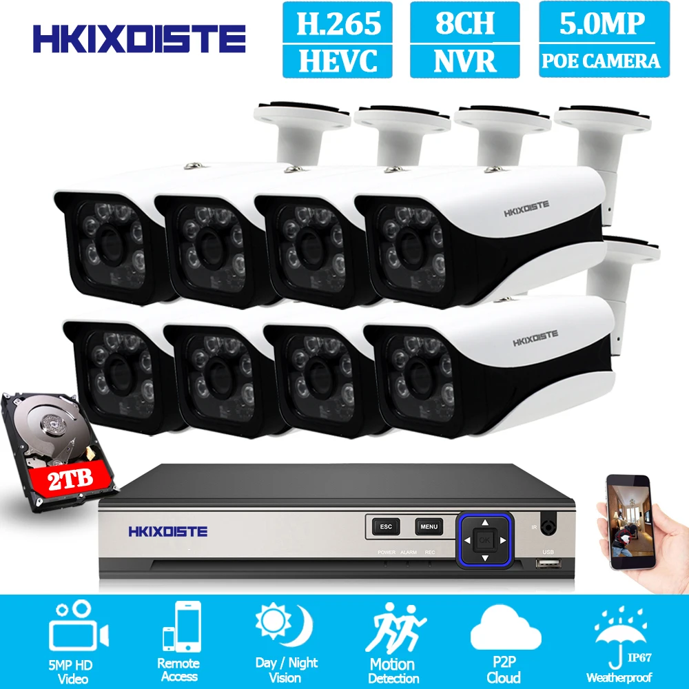 

5MP PoE NVR 8pcs 3.6mm Maunal lens 5.0MP IP Camera H.265 POE System P2P Cloud cctv System Support PC Mobile Viewing XMEYE APP