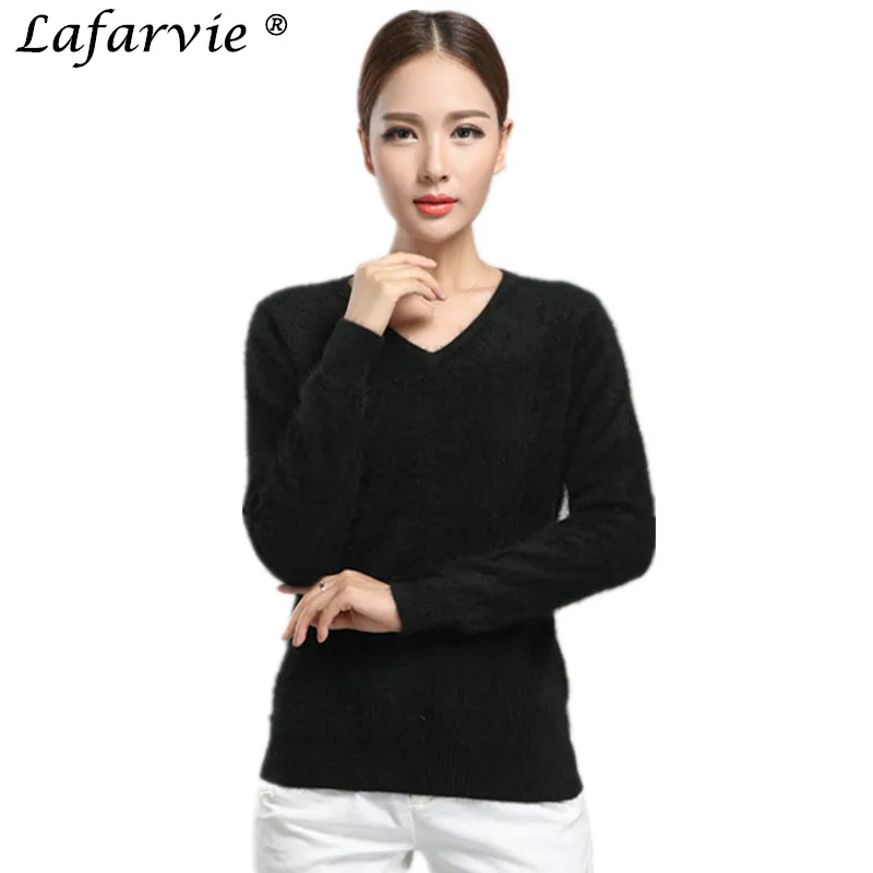 

Lafarvie Hot Quality Fashion Autumn&Winter Mink Cashmere Blended Sweater V-neck Full Sleeve Knit Female Pullover 10Colors S-XXXL