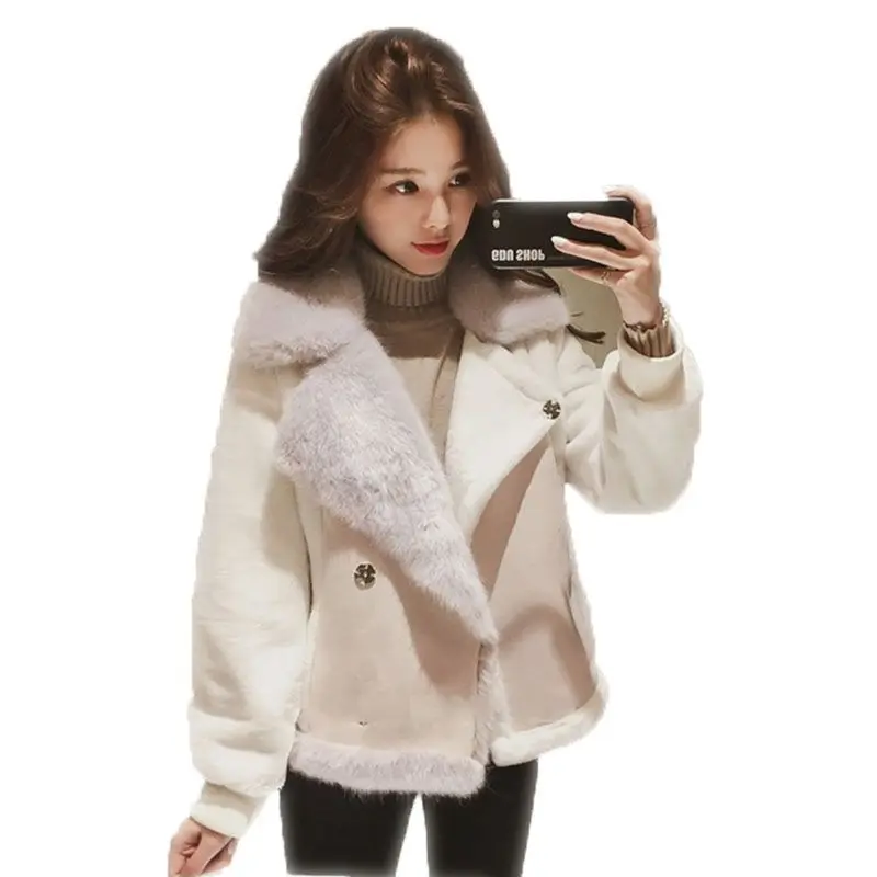 

Korean Style New Fashion Women Autumn Winter Fake Fur Jacket Female Turn Down Collar Button Faux Suede Lambs Wool Outerwear F83