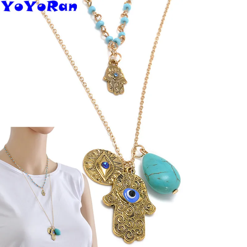 

YoYoRan wholesale 12pcs/lot fashion Turkey's blue eyes Fatima palm necklace tophus sonte double chain pendant necklace jewelry