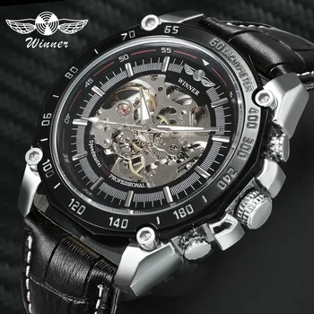 

WINNER Fashion Dress Automatic Mechanical Mens Watches Top Brand Luxury Skeleton Dial Leather Strap Big Cass Business Wristwatch