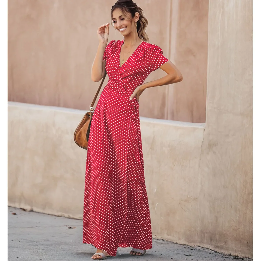 

New Arrival 2019 Ladies Short Sleeve Retro Dress Women Vintage Red Yellow Black Polka Dot Dress Maxi V Neck Robe Longue Femme
