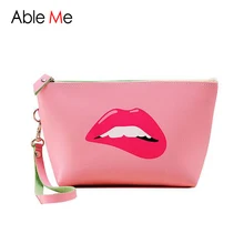 Necessaire Women Make Up Organizer Portable Lips Cosmetic Bag Waterproof PU Leather Wash Toilet Bag With Hand Strap Clutch Bag