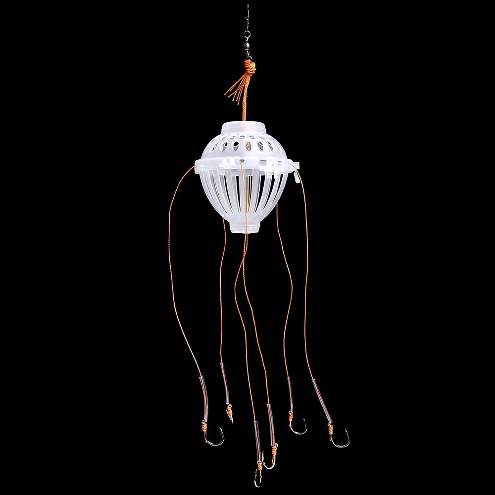 

FISH KING 1PC Small Trap Basket Feeder Holder Plastic Wire With Connecting Ring PE Line 6 Hooks Fishing Lure Cage