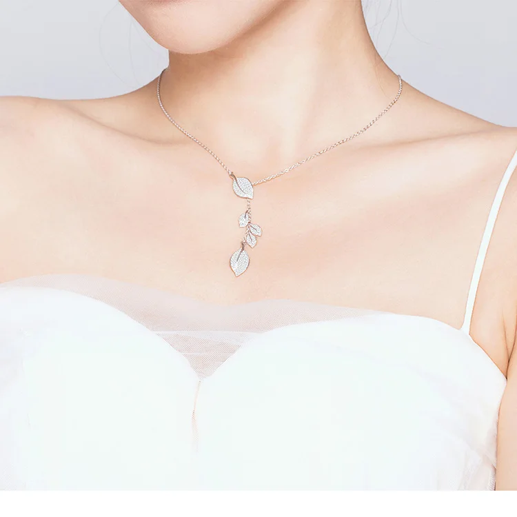 Bamoer ожерелье в форме листа, подлинное 925 пробы Серебряное прозрачное CZ y-образное звено, ожерелье s для женщин, свадебное массивное ювелирное изделие BSN075
