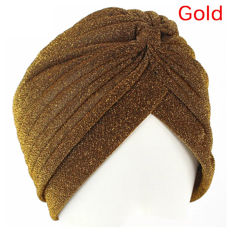 Мягкая яркая шелковая шляпа в индийском стиле, мусульманская Шапка-тюрбан, Женская эластичная шапка-тюрбан для взрослых, банданы, кепка chemo - Цвет: Золотой