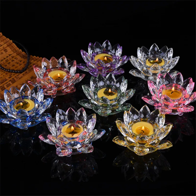 

Crystal butter lamp holder lotus candlestick colorful lotus home decoration candlestick Buddhist supplies candle lamp holder cra