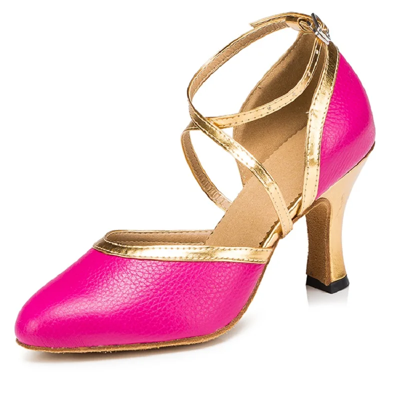 Ballroom Latin Dance Shoes Pink Leather With Golden PU 8 cm Heel Height Size US 4 12 Professinal