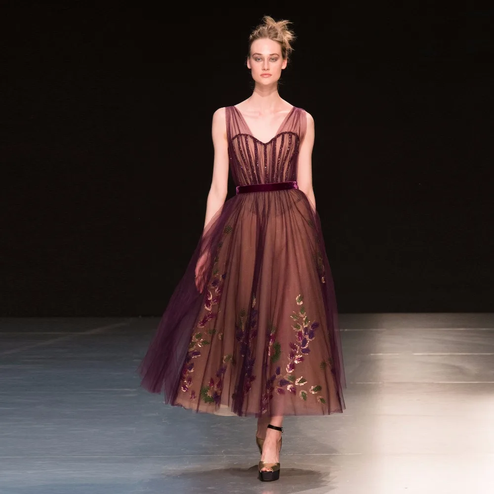 

New Pre- Spring Ankle Length Dresses Women 2018 Appliques Gowns V-neck Nude With Purple Tulle Party Dresses Abendkleider