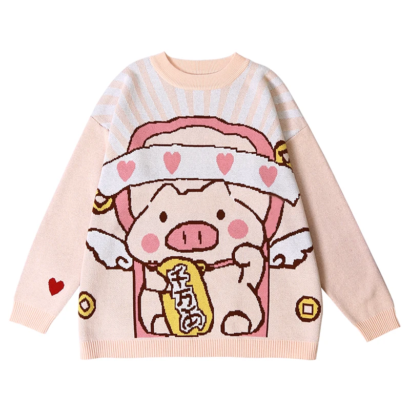 

2019 Spring Autumn New Women Pullover Sweaters O Neck Cartoon Pig Pretty Vintage Style Ladies Knitwear Jumper Tops Long Sleeve