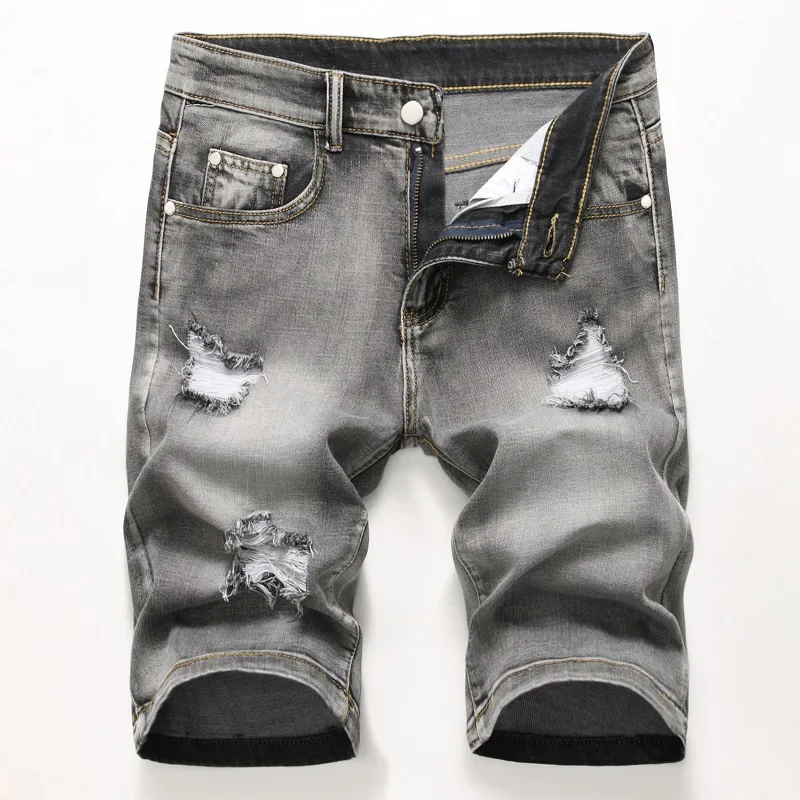 Летние Новые мужские Стрейчевые рваные короткие джинсы, модные повседневные облегающие Высококачественные эластичные потертые джинсовые шорты с дырками, мужские 28-42 - Цвет: Grey 303