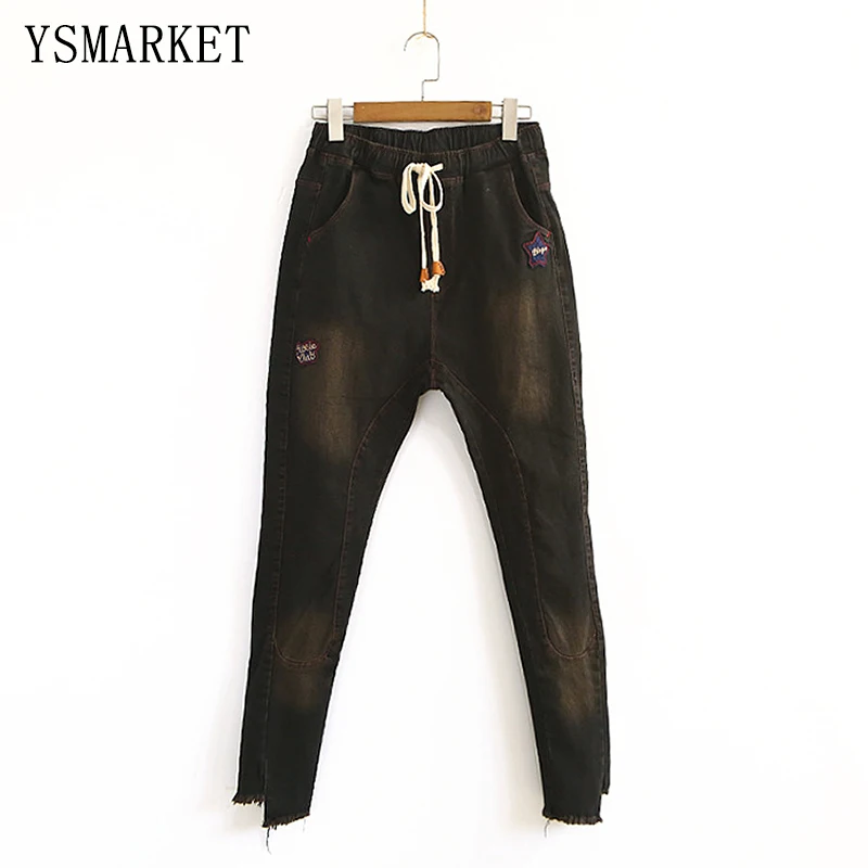 Patchwork Vintage Tassel Drawstring Jeans High Waist Retro