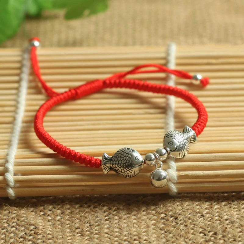 

925 Sterling Silver Lovely Fish Lucky Red Rope Bracelet Handmade Bangle Wax String Amulet Jewelry