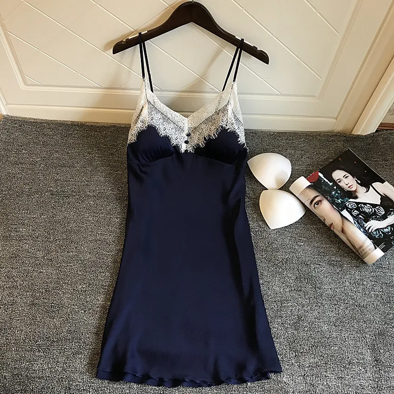 Women's Sleepwear Silk Satin Nightgowns Summer Sexy Lace Sleepshirt Night Dress Night Gown With Chest Pads Nightwear Lingerie 16