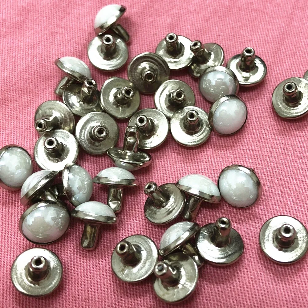 100 Sets 8mm White Acrylic Imitation Ceramic Rivets Silver Plated Studs