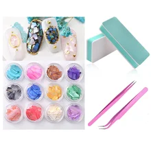 Набор для ногтей 12 коробок натуральный жемчуг ногтей SeaShell ломтики+ 2 шт ноготь двусторонний маникюрный шлифовальный файл с изогнутыми прямыми кусачки Пинцет наборы