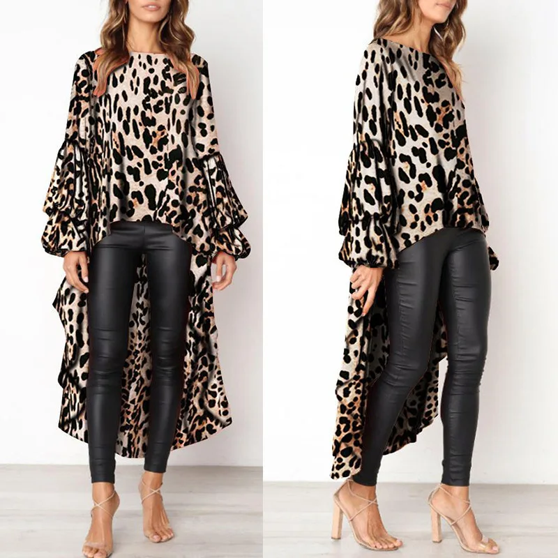 Хит, женские Необычные леопардовые принты, о-образный вырез, длинный рукав, Длинные Топы, платье, футболка, Новая мода