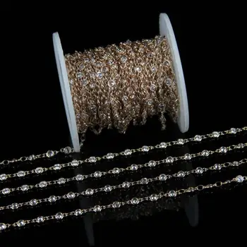 

5 meters 3 4 6mm size choice,Fashion Cubic Zircon Faceted Round Beads Rosary Chain Plated Gold Wire Wrapped Links CZ Chains Bulk