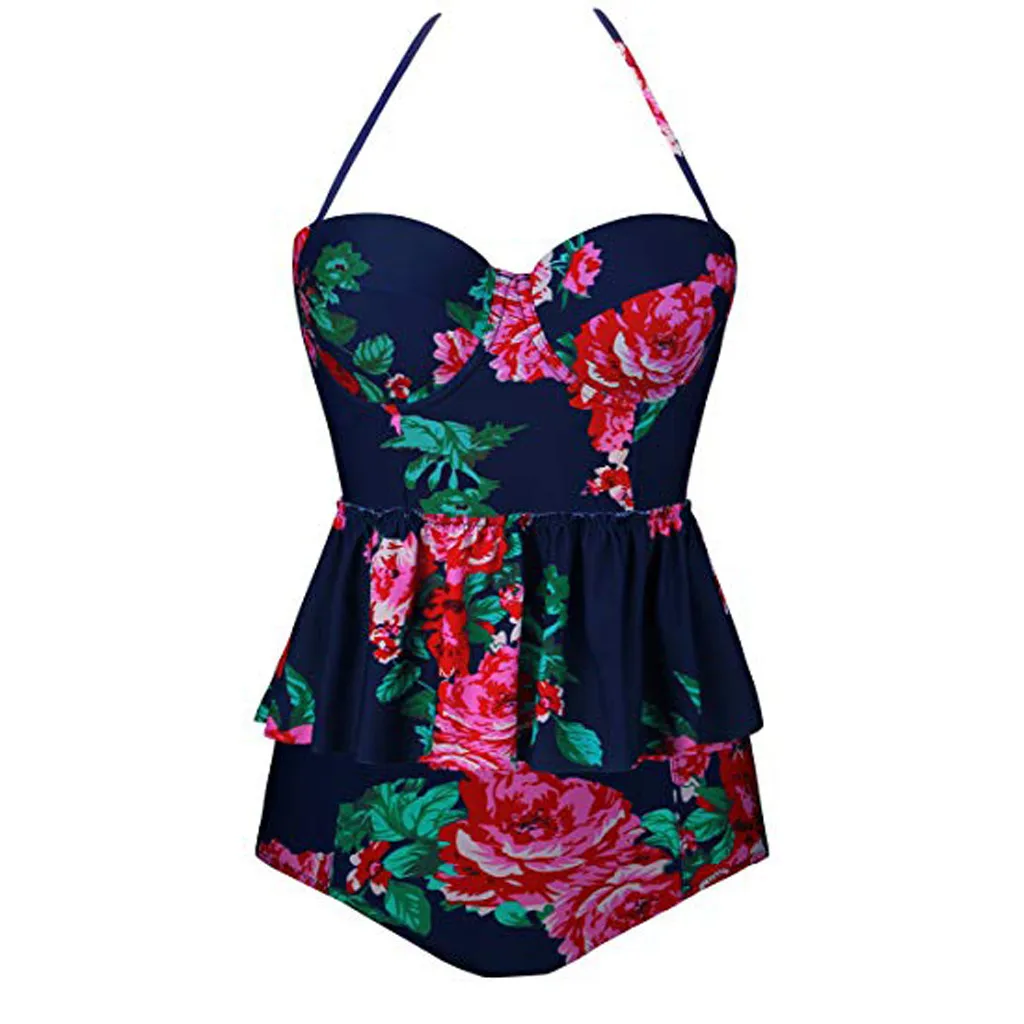 SAGACE цельное мягкое бикини с цветочным принтом и рюшами, пляжная одежда пуш-ап для женщин, женский летний бразильский купальник - Цвет: Синий