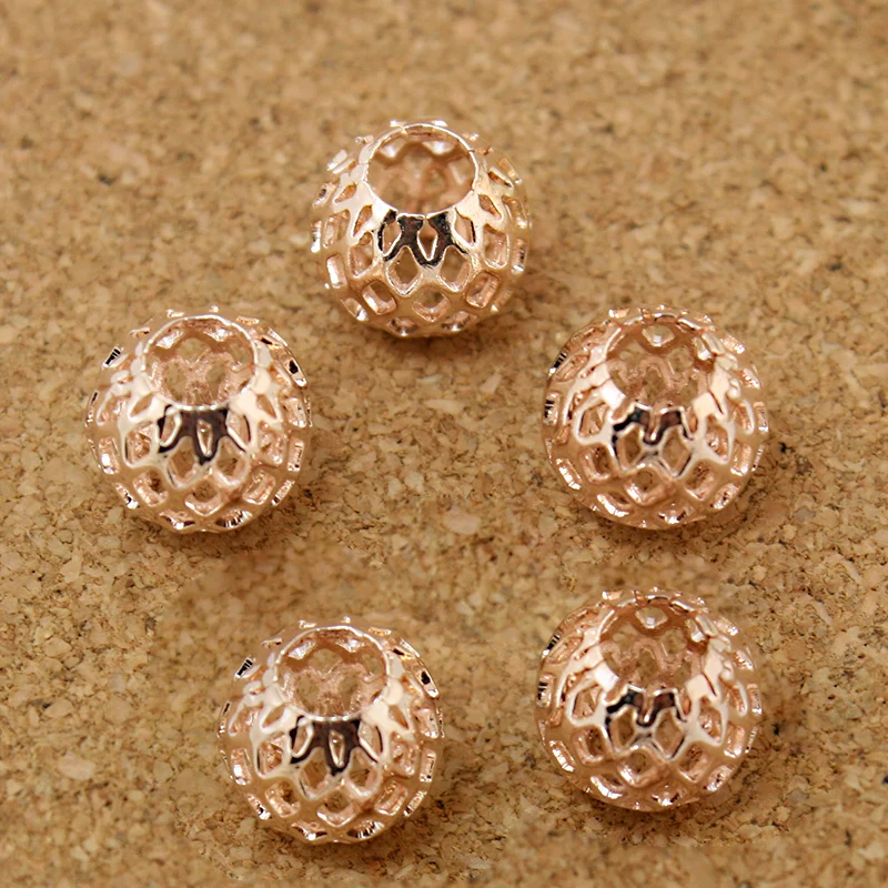 

Hot 6pcs 9*10mm Rose Gold Oval Round Shape Large Big Hole Mesh Net Metal Spacer Beads for DIY European Bracelet Necklace Jewelry