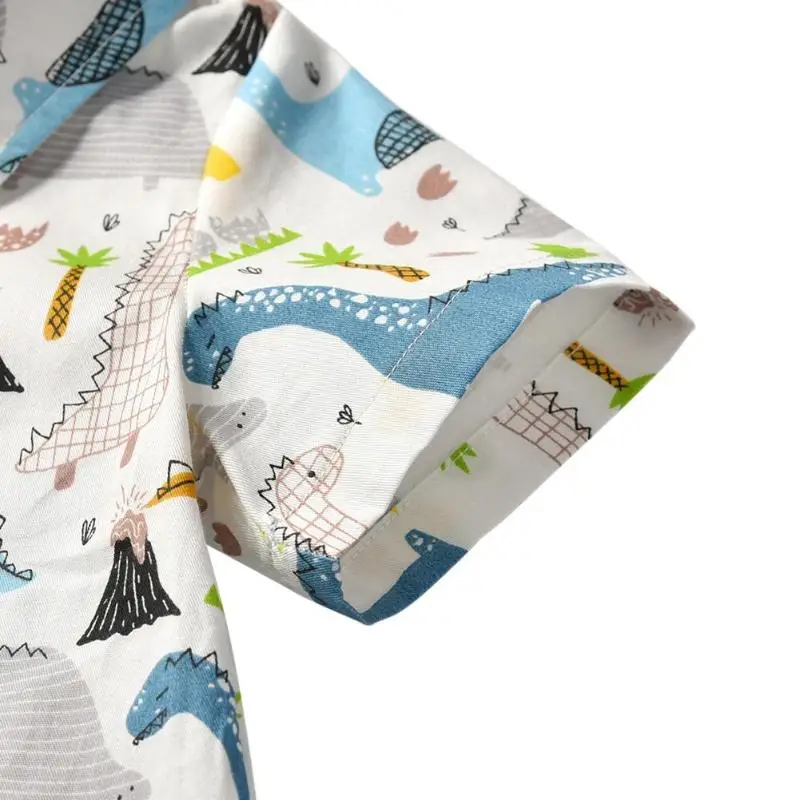 Базовая рубашка с короткими рукавами для мальчиков летние повседневные топы на пуговицах с отложным воротником и принтом динозавра для маленьких мальчиков, подарок на день рождения