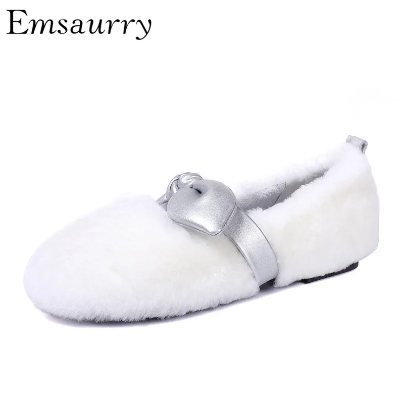 

Leather Butterfly-knot Flat Shoes Woman Autumn Winter Fur Boat Shoes Round Toe Slim Shoes Zapatos De Mujer