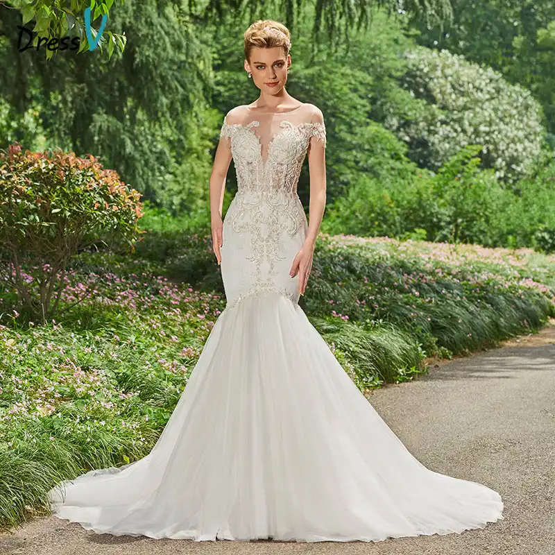 Dressv Long Stain Mermaid Wedding Dress Beading Chapel Train Braid