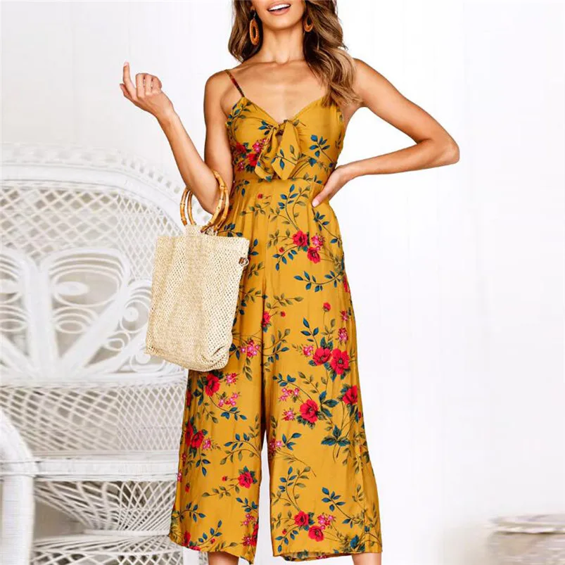Womens V-Neck Camisole Backless Bow Floral Print Long Playsuit Ladies Jumpsuit macacao feminino combinaison R08 (7)