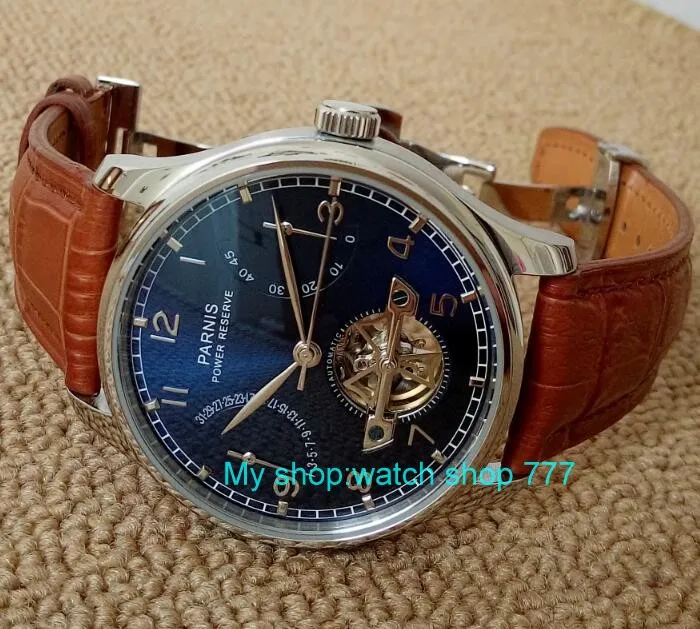 

new blue dial 43mm PARNIS Butterfly buckle Automatic Self-Wind mechanical watches power reserve men watches zdf6
