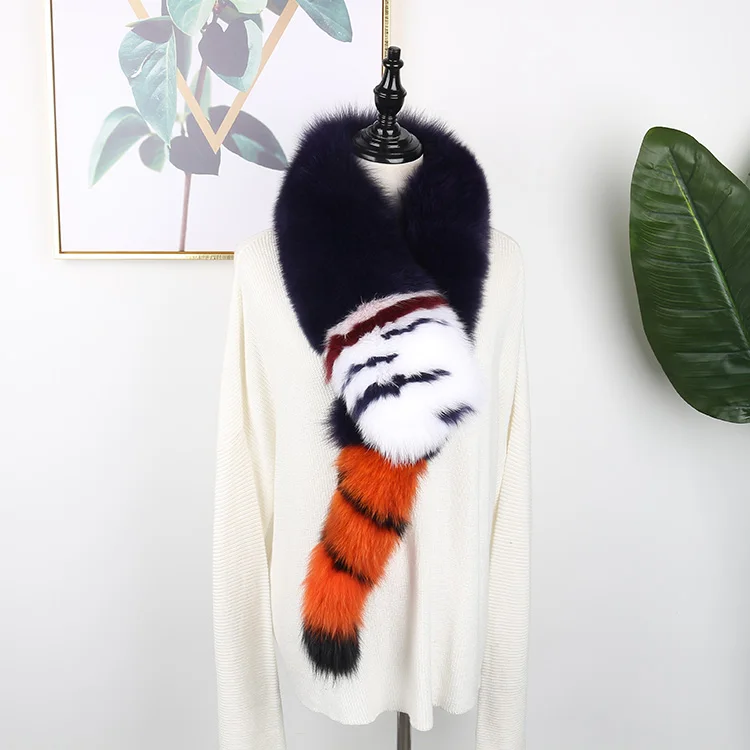 Модный шарф из натурального Лисьего меха, женский зимний меховой воротник с большим хвостом, цветной шарф из лисьего меха, плюшевый шарф
