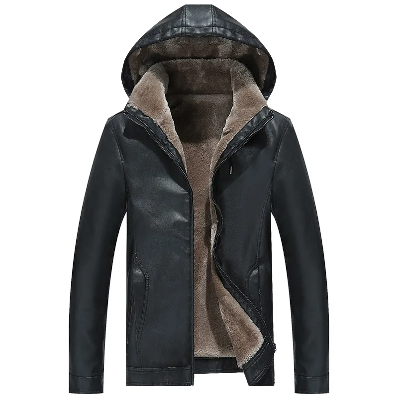 

PU Hooded Coats 2019 casual Winter Men's Leather Jackets Fleece Stand Collar Long Coats