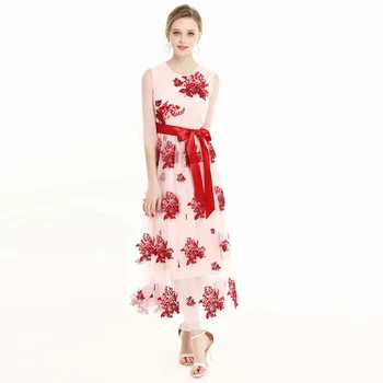 

XF Mesh Hand Embroidery Red Rose Tulle Sexy Party Women 2019 Summer New High Quality Elegant Retro Sexy Long Pink Dress