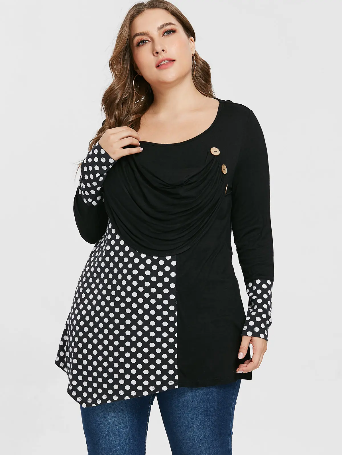 

Wipalo Plus Size 5XL Polka Dot Draped Asymmetrical Tunic T-Shirt Scoop Neck Long Sleeve Button Embellished Casual Ladies Tee Top