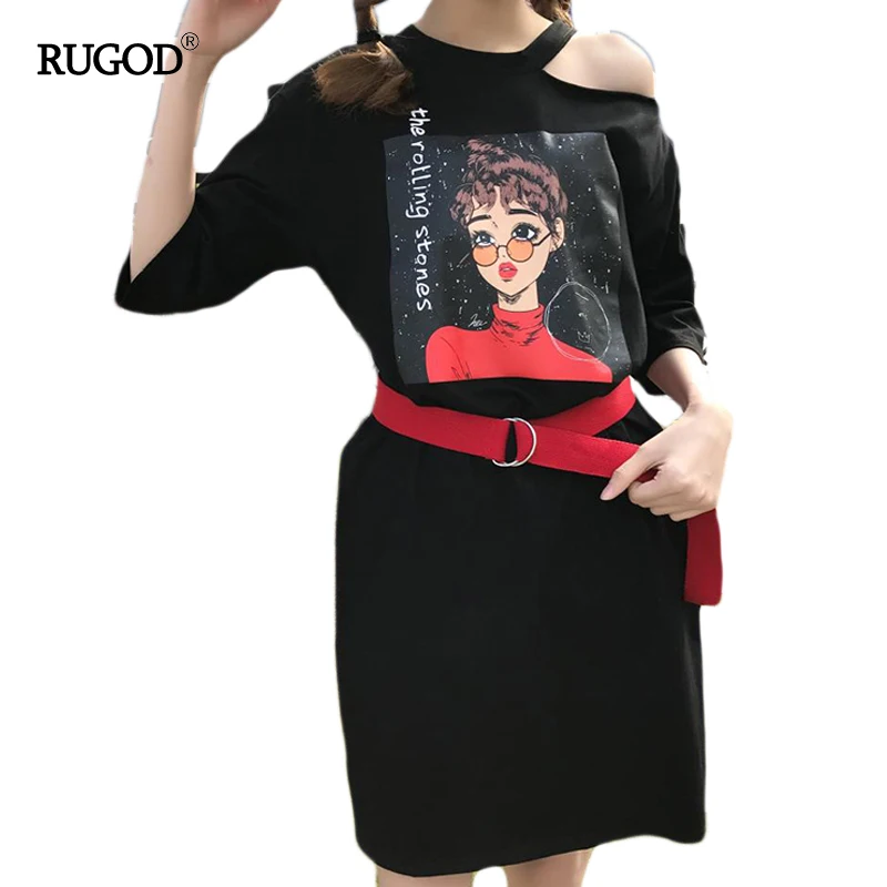 RUGOD Punk Tarzı Komik Baskı Kadın T-shirt Bir Tarafı kapalı omuz bayan Gömlek Yaz Üstleri için Rahat Gömlek Moda Kemer ücretsiz