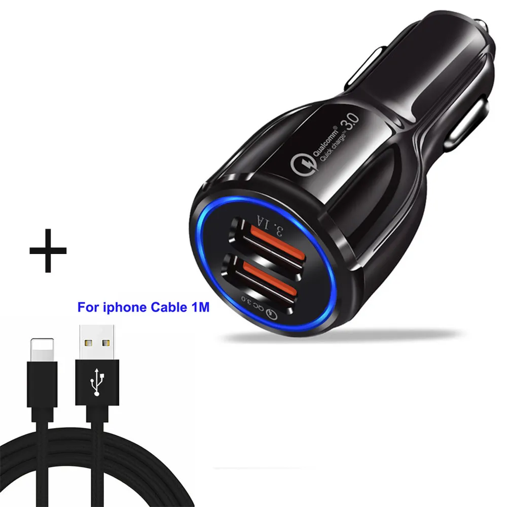 Add iphone cable QC3.0 автомобильное зарядное устройство 6A быстрое зарядное устройство для мобильного телефона зарядное устройство 2 порта USB Быстрая зарядка для iPhone samsung Xiaomi планшет автомобильное зарядное устройство - Тип штекера: Add iphone cable