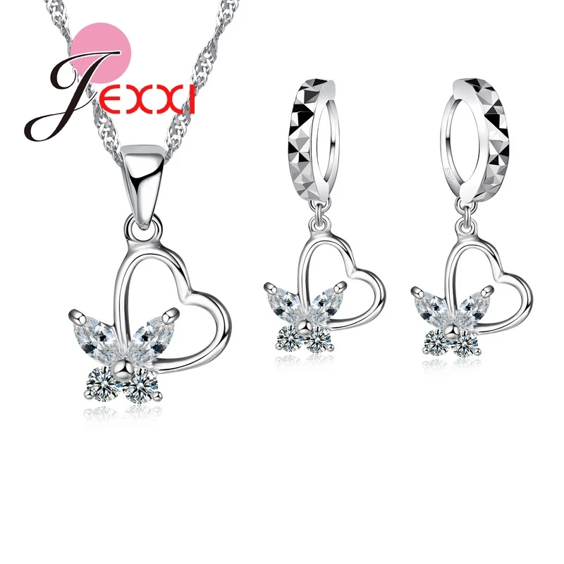 

Gift Top Quality Women Accessories Bridal 925 Sterling Silver Crystal Heart Butterfly Necklace Earrings Jewelry Set