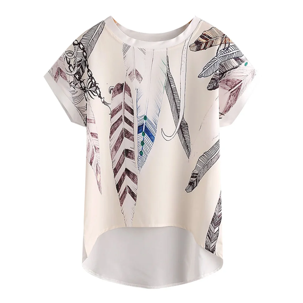 

Feather Floral Print Chiffon Blouse Women Short Batwing Sleeve Irregular Tops 2018 Summer O-Neck Dip Hem Ladies Shirt Blusas
