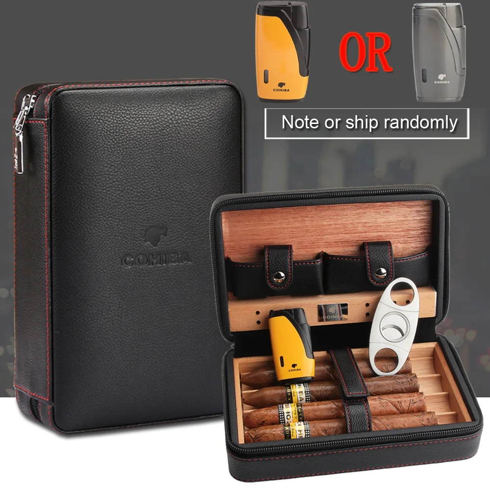 Ceny COHIBA z drewna cedrowego cygaro Humidor podróży przenośne skórzane etui na cygara cygara Box z zapalniczką Cutter nawilżacz skrzynka na cygara
