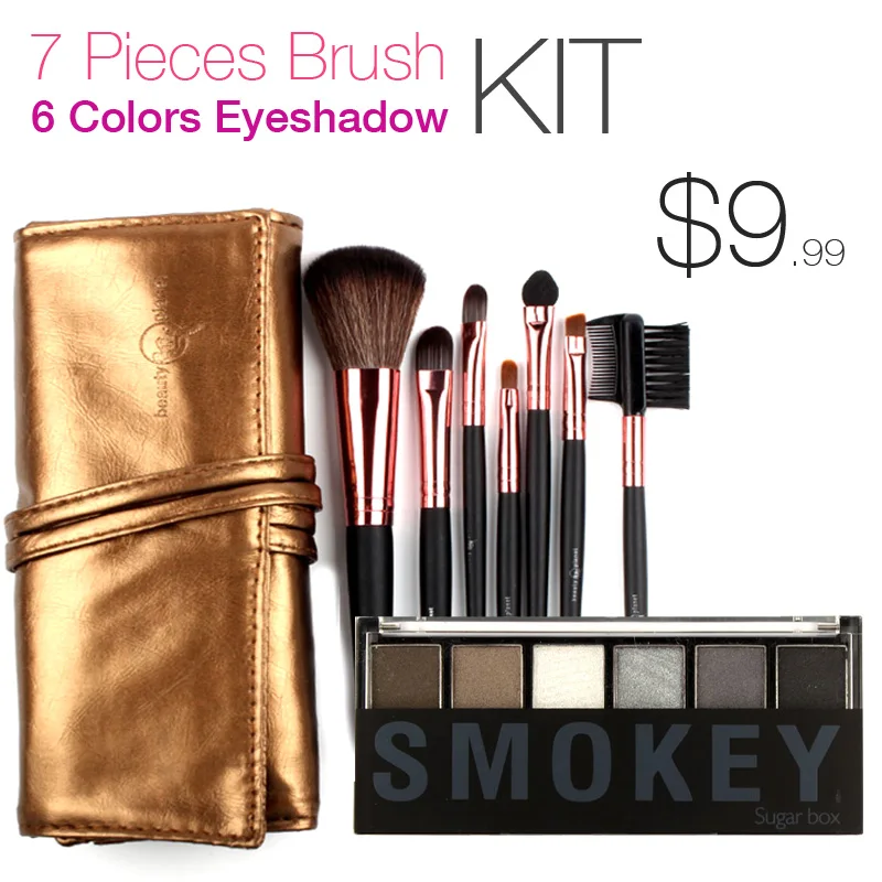 

7 Makeup Brushes in Sleek Golden Leather-Like Case Portable with 6 Colors Eyeshadow Palette Makeup Gift Kit