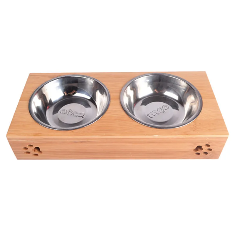 Pet Автоматические кормушки для собак Нержавеющая сталь собака Чаши Bamboo стойки Керамика двойные чаши любимца Еда пить воду Миски детские подачи S/L