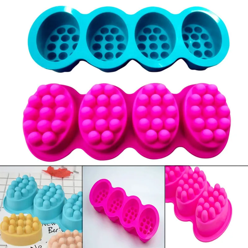 

Newly Silicone Soap Mold 4 Cavities Ellipse Massage Brush Shape Aromatherapy Wax Mould Cake Baking Mold