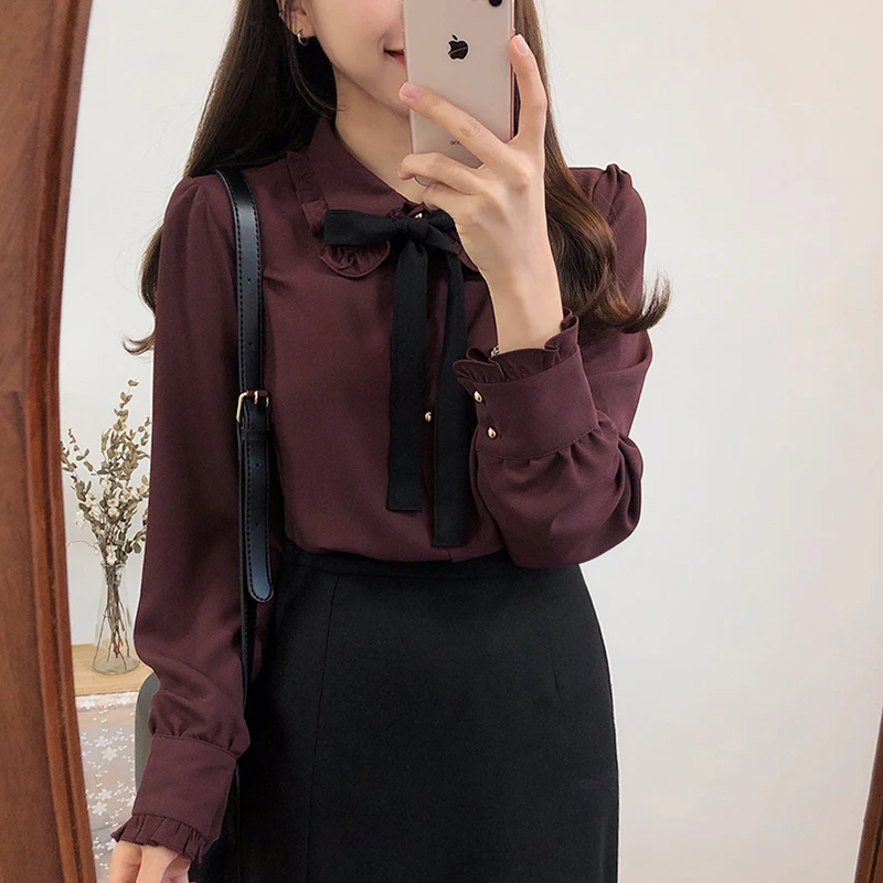  Bow Shirts Woman Long Sleeve Button Chiffon Blouse Women 2019 New Embroidery Blouses Butterfly Slee