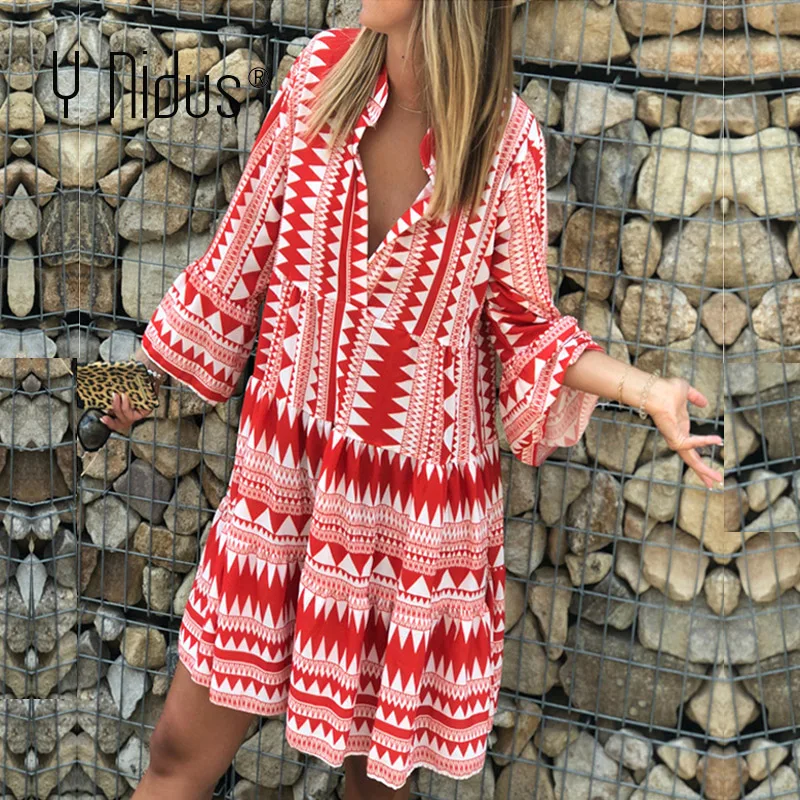 Online Y Nidus Sommer Gestreiften Kleider Mini Frauen 2019 Boho Herbst Party Kurze Strand Kleid Casual V ausschnitt Lose Sommerkleid femme Vestidos
