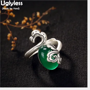 

Uglyless 100% Real Solid 990 Full Silver Handmade Abstract Peacock Rings for Women Oval Chalcedony Finger Ring Ethnic Fine Jewel