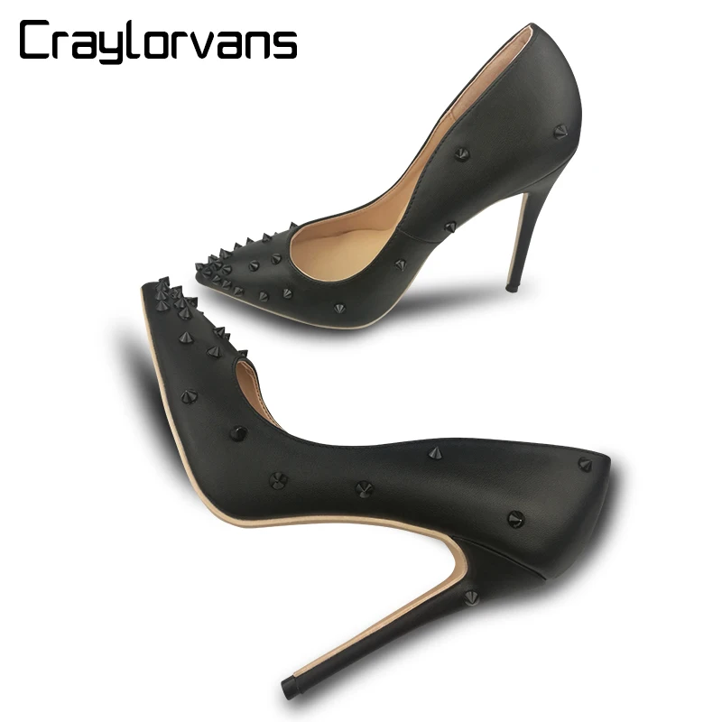 

Craylorvans Black Matte Women Pumps 12/10/8cm Heel Height Black Rivet High Heels Gift for Girlfriends In Valentine's Day