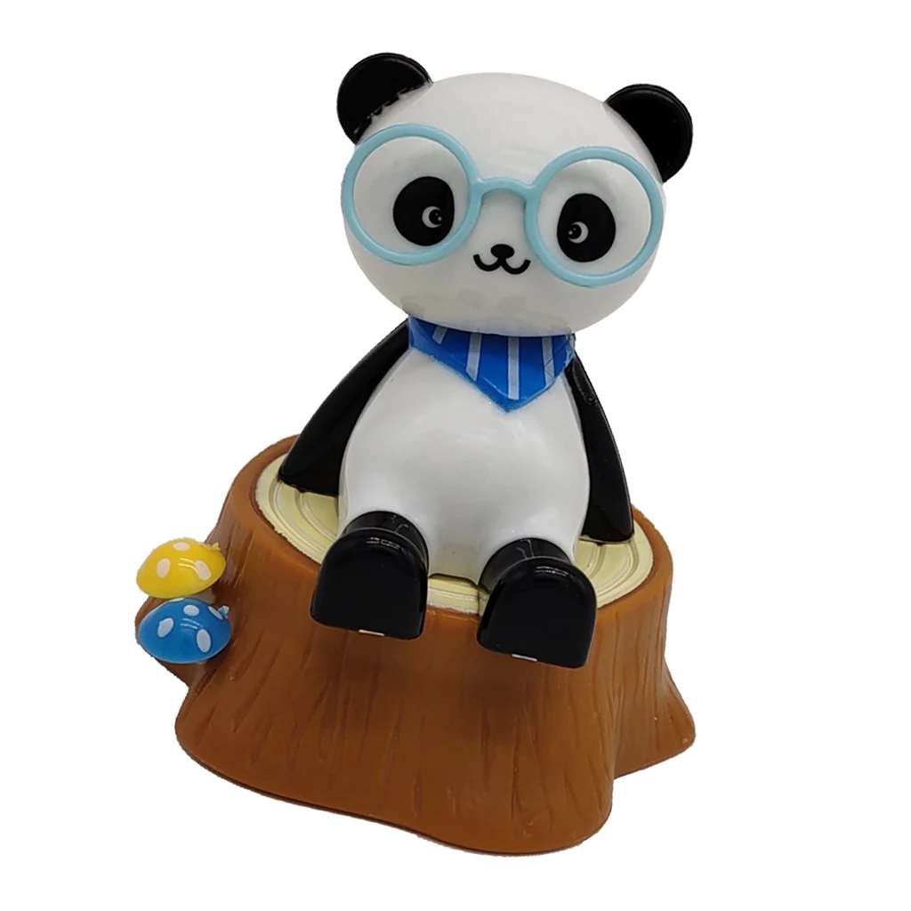 Solar Powered Shaking Head Doll, Panda Sitting on a Tree Stump Gag Toy Home Table Decor Ornament