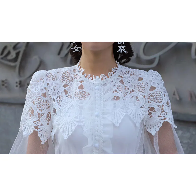  Two Piece Shirt +Tank Tops Women Hollow Out Mesh Blouse Sweet Floral Lace Shirts Female Lantern Sle