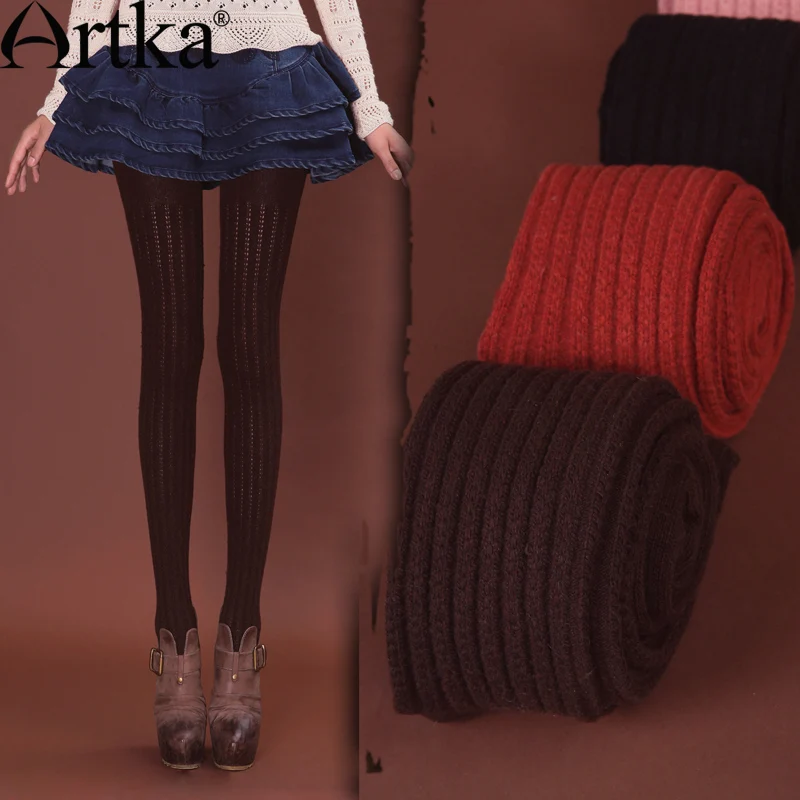 

ARTKA Women's Autumn Winter Retro Vintage Solid Color Slim Fit All-Match Cable Knitted Soft Wool Hosiery PM17033Q